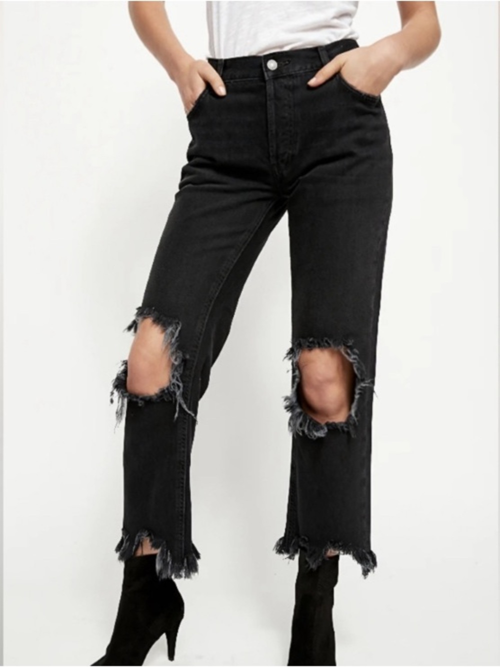 Free People We The Free Maggie Jeans Cropped Raw Hem Black
